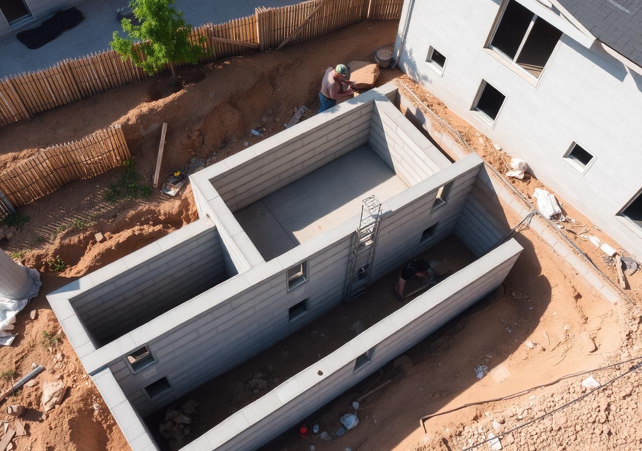 Vista aérea de uma obra com paredes de blocos de concreto e fundações expostas